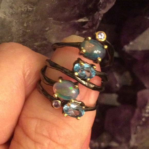 Genuine Opals & Blue Topaz Ring - Picture 14 of 14